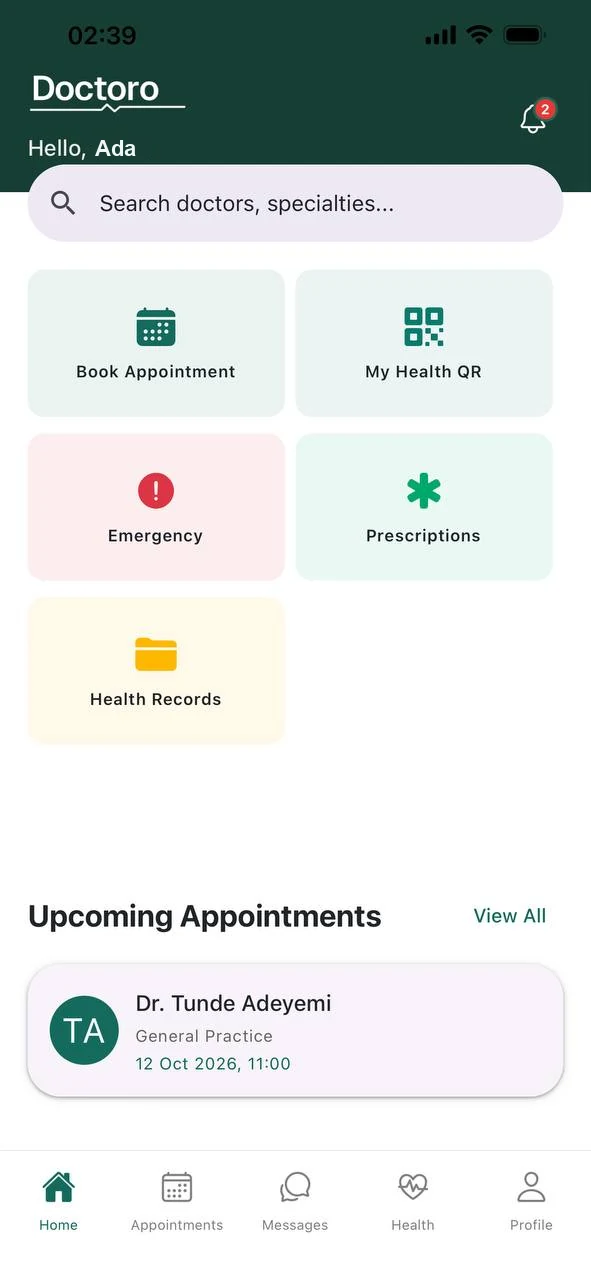 The Doctoro patient app home screen: a greeting, a search for doctors and specialities, and shortcuts to book an appointment, your health QR code, emergency help, prescriptions and health records.