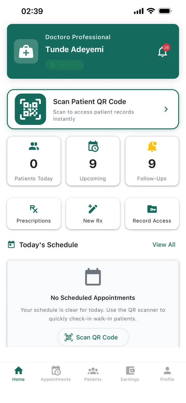 Doctoro Professional home screen: scan a patient QR code, see today&rsquo;s patients, upcoming visits and follow-ups, and write prescriptions.